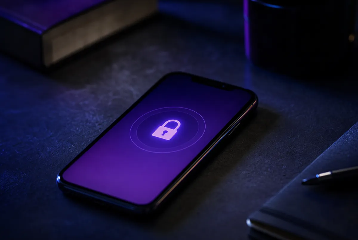 Smartphone mit Schloss-Symbol, Indigo-Violett-Licht, diskret
