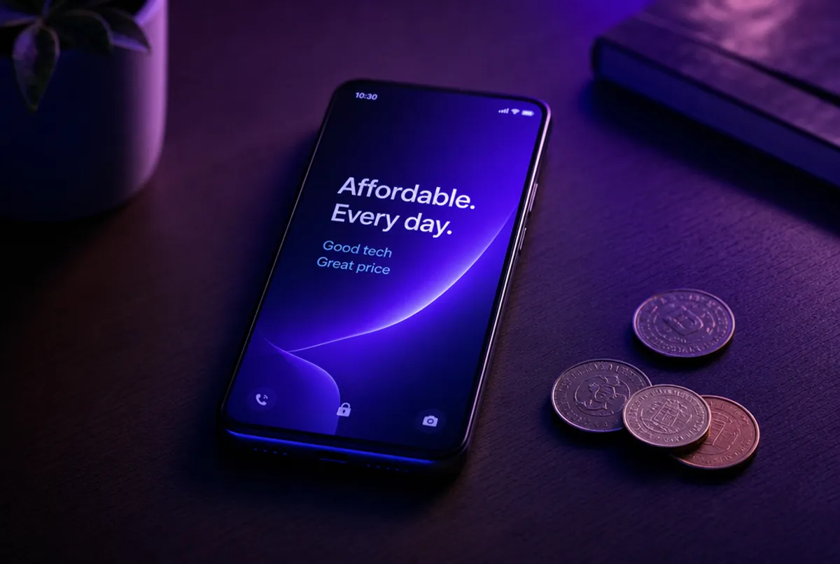 Smartphone neben Münzen, Indigo-Violett-Licht, günstiges Telefonieren