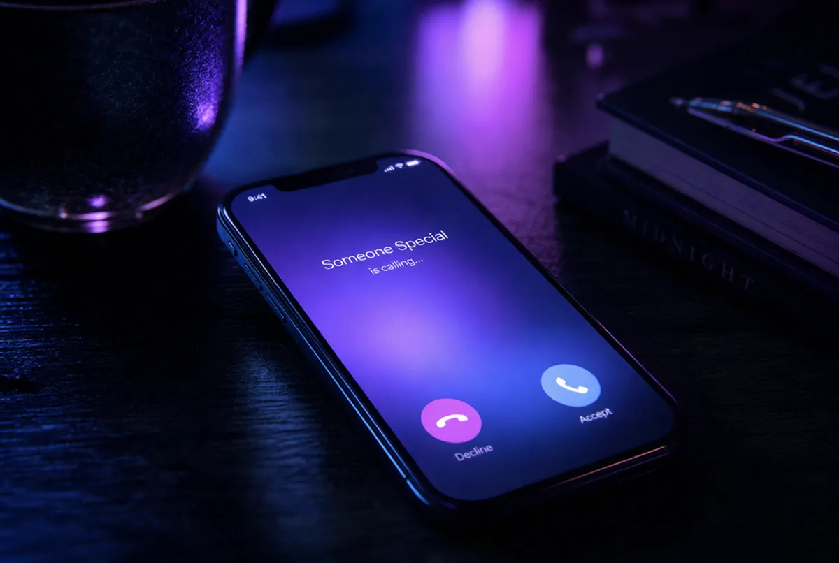 Smartphone mit eingehendem Anruf, Indigo-Violett-Licht, sofort verbunden
